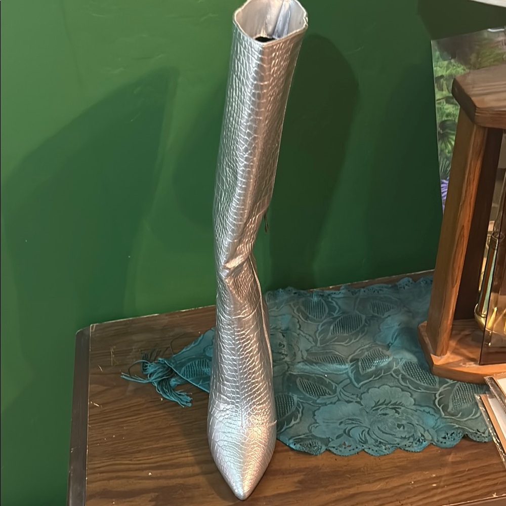 Silver Textured Knee-High Boots